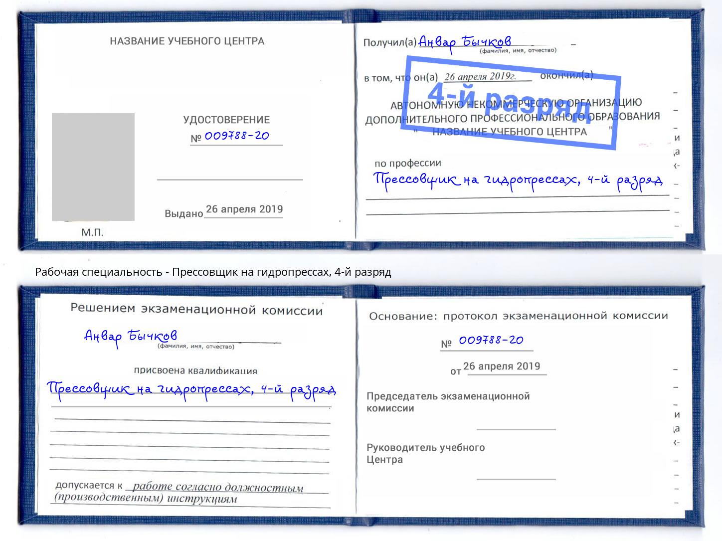 корочка 4-й разряд Прессовщик на гидропрессах Снежинск