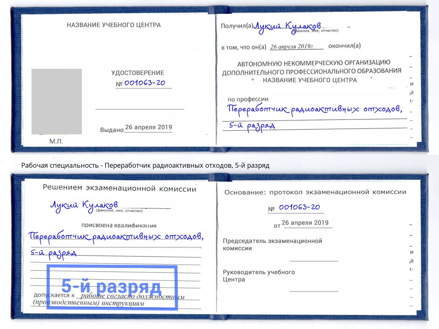 корочка 5-й разряд Переработчик радиоактивных отходов Снежинск