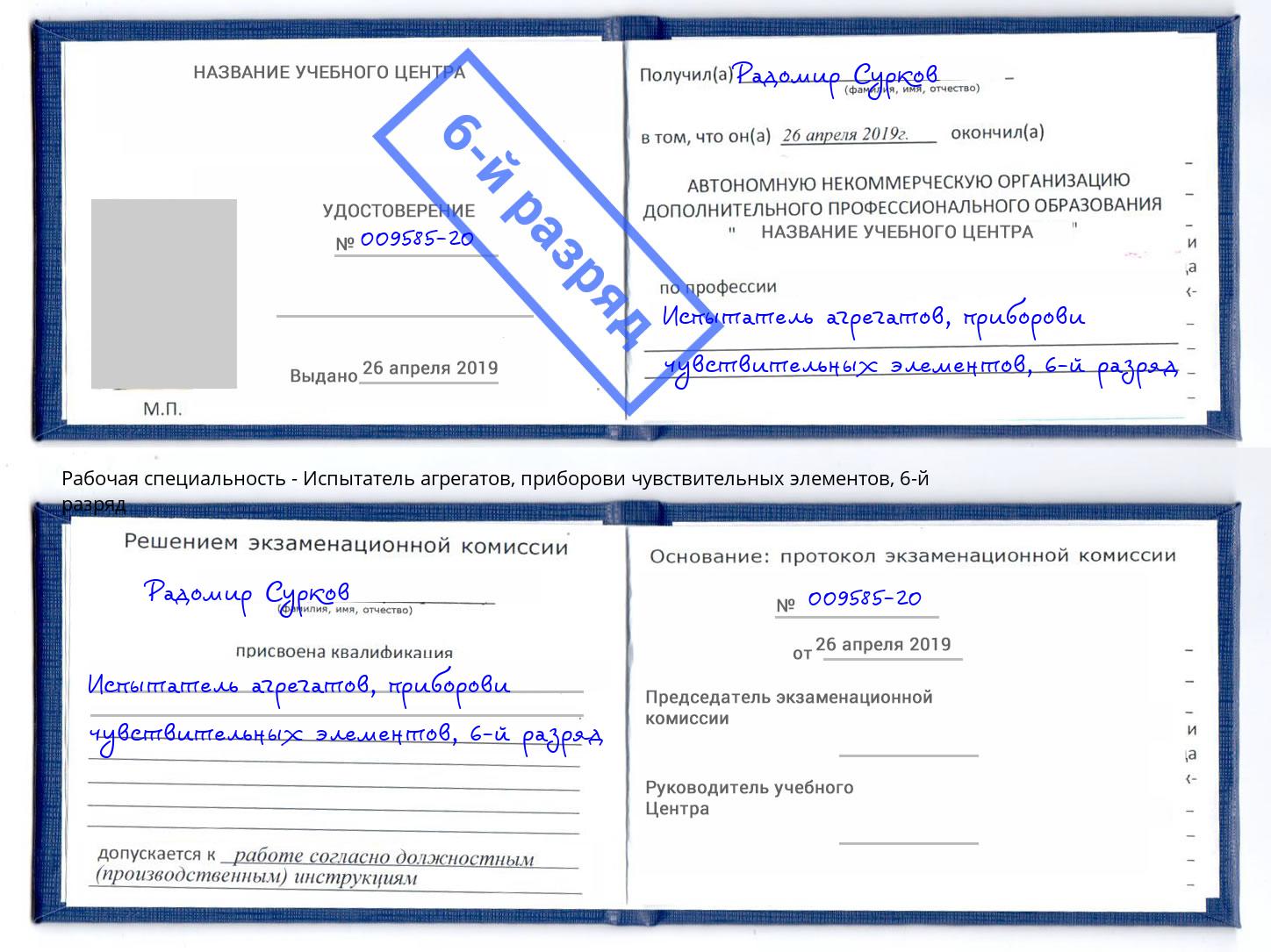 корочка 6-й разряд Испытатель агрегатов, приборови чувствительных элементов Снежинск