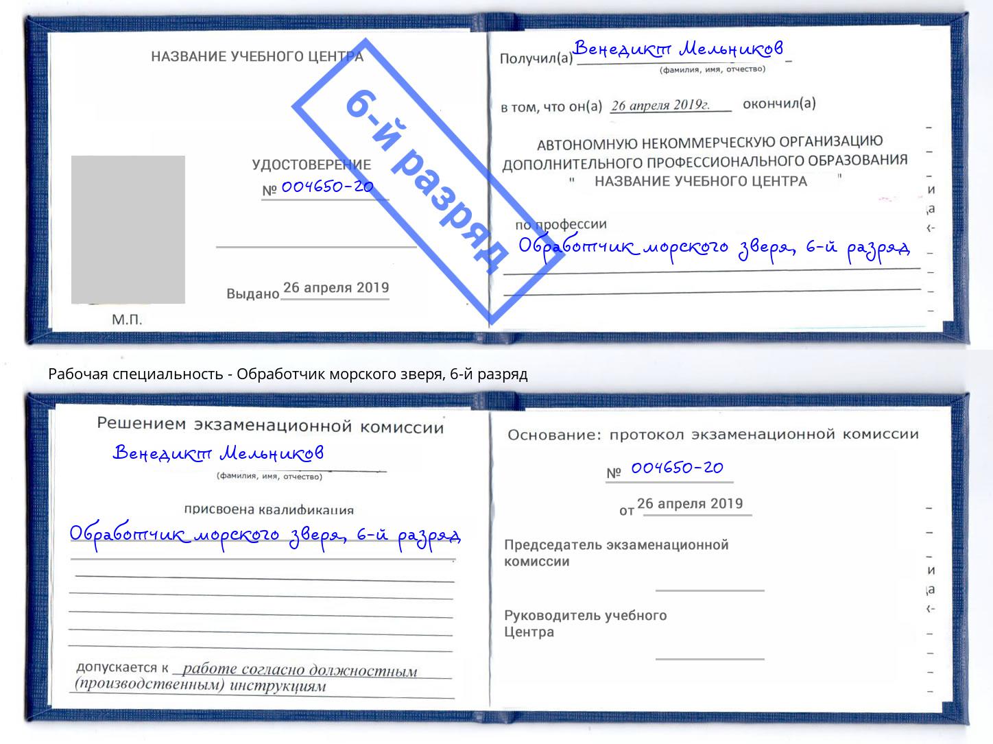 корочка 6-й разряд Обработчик морского зверя Снежинск