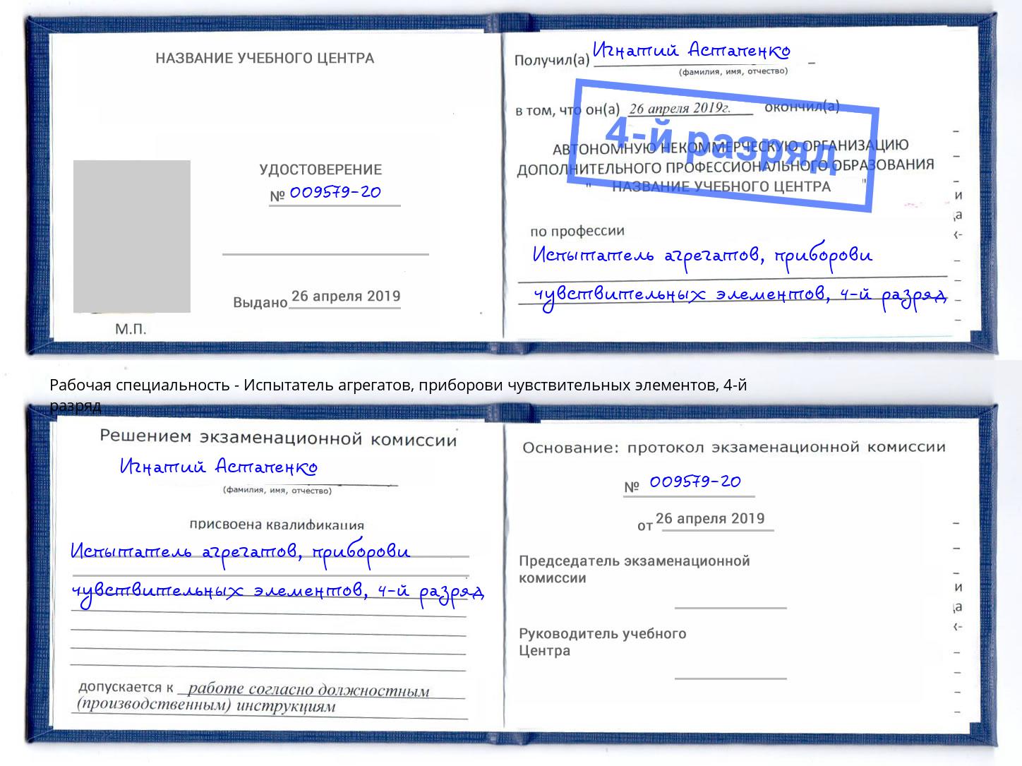 корочка 4-й разряд Испытатель агрегатов, приборови чувствительных элементов Снежинск