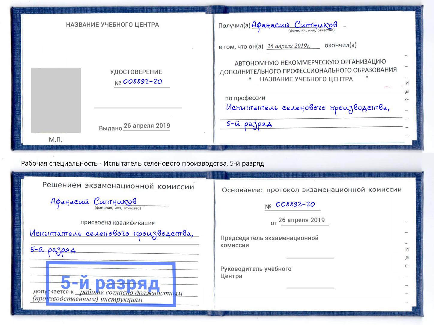 корочка 5-й разряд Испытатель селенового производства Снежинск