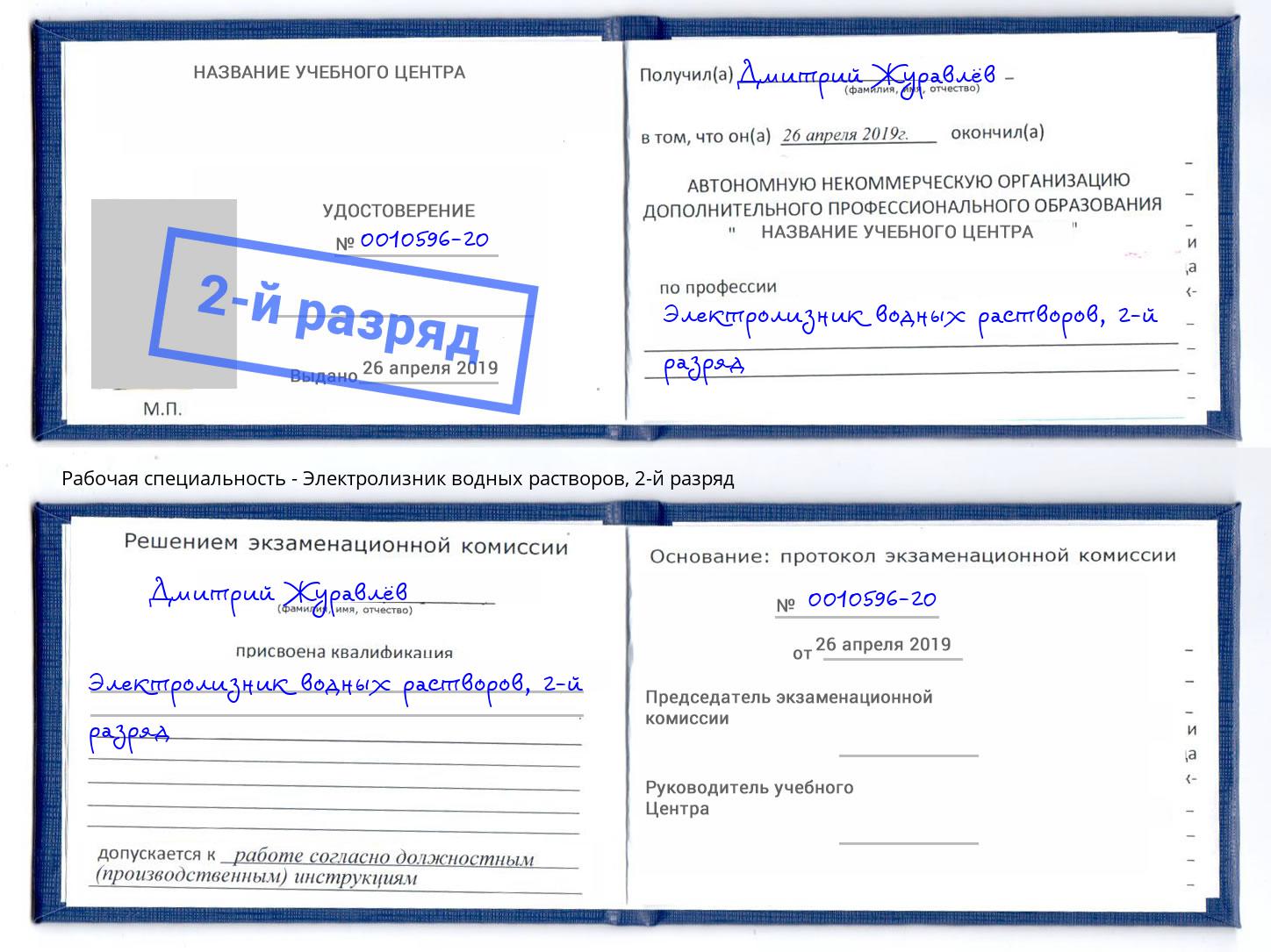 корочка 2-й разряд Электролизник водных растворов Снежинск