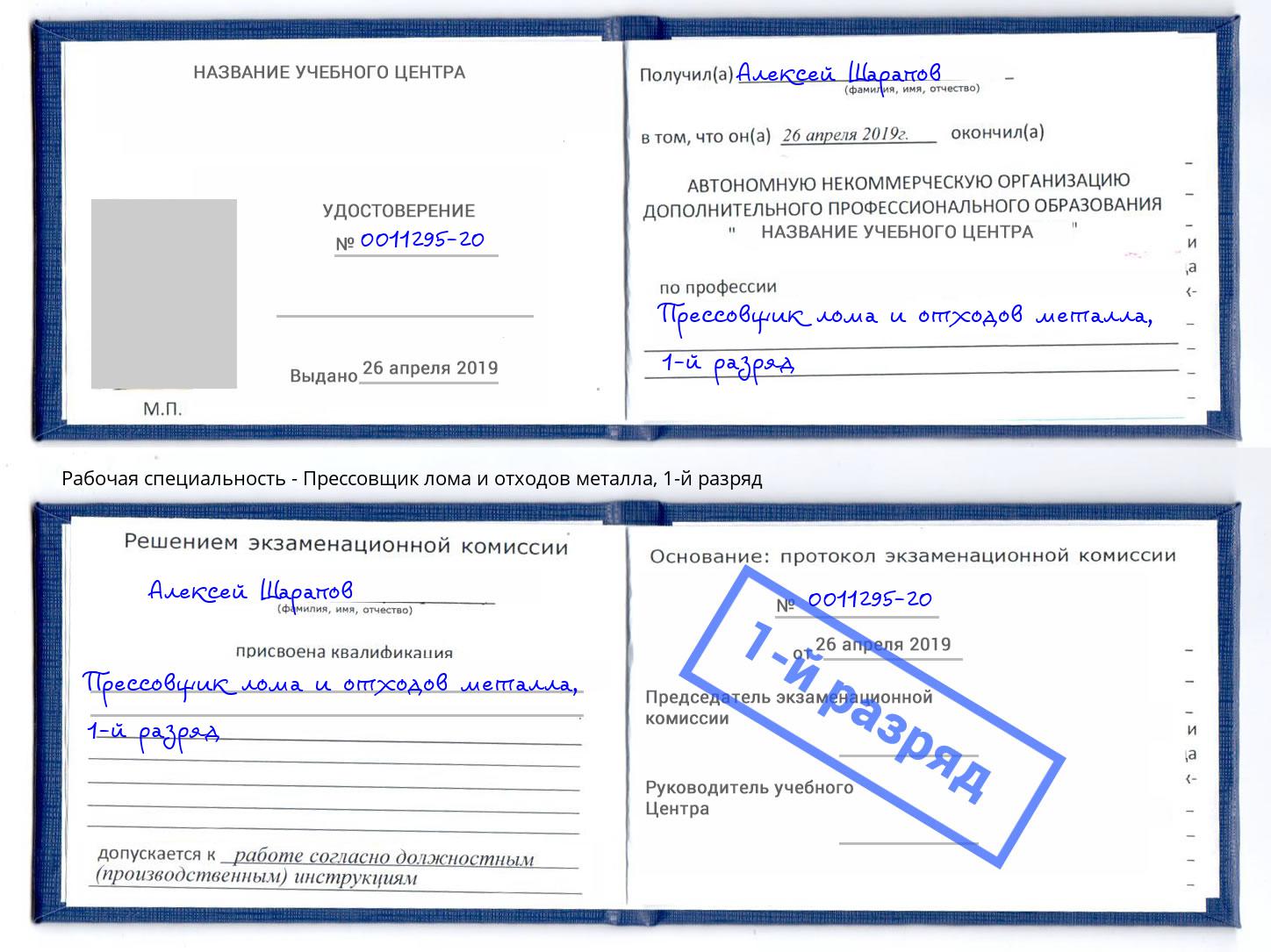 корочка 1-й разряд Прессовщик лома и отходов металла Снежинск