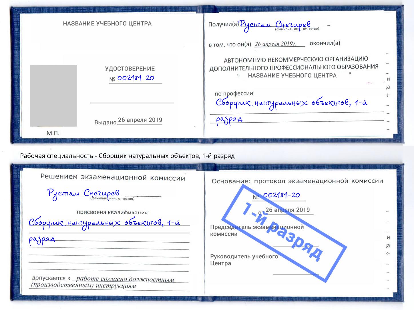 корочка 1-й разряд Сборщик натуральных объектов Снежинск
