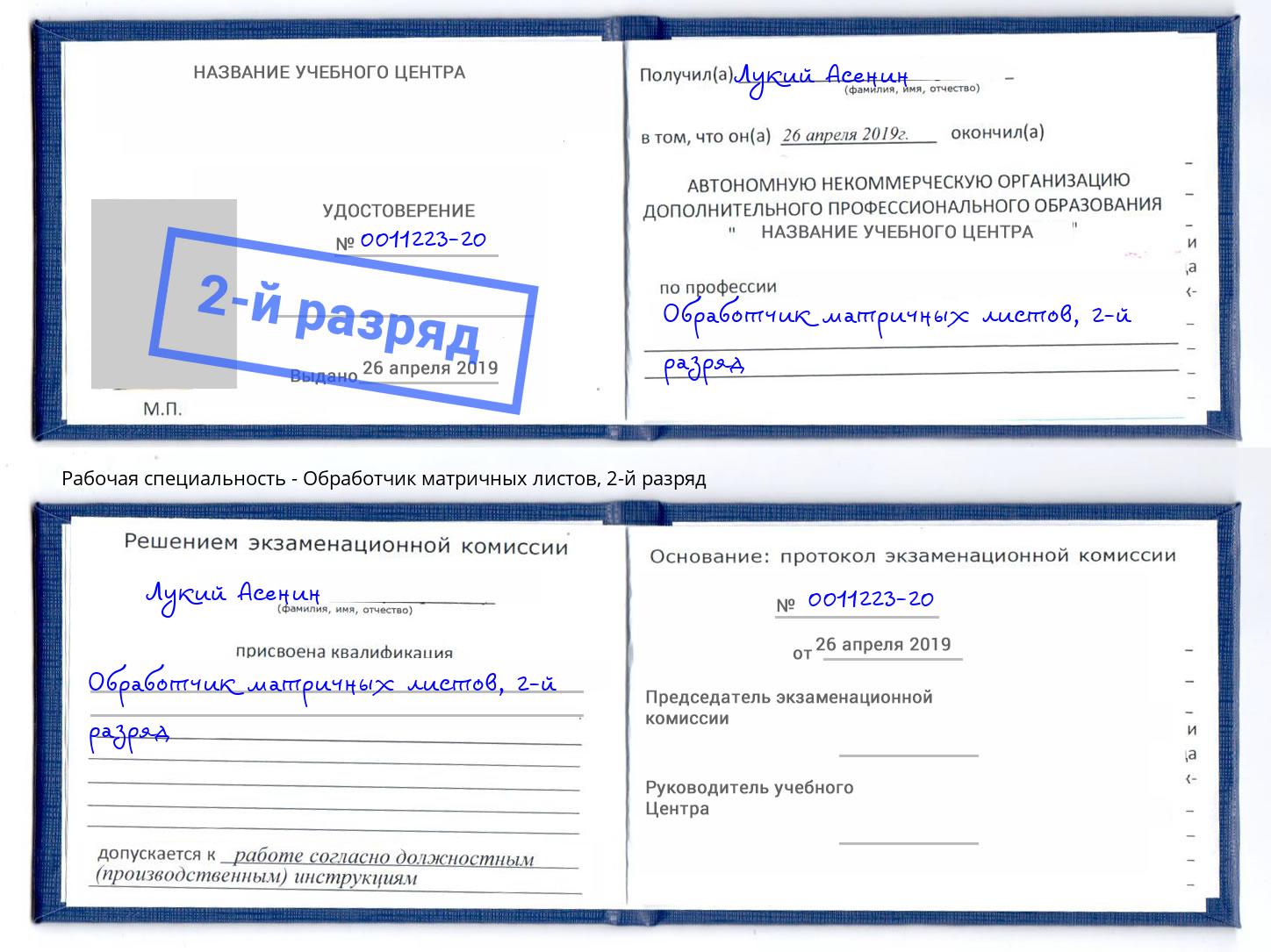 корочка 2-й разряд Обработчик матричных листов Снежинск