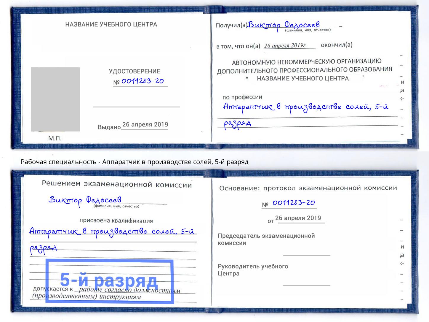 корочка 5-й разряд Аппаратчик в производстве солей Снежинск