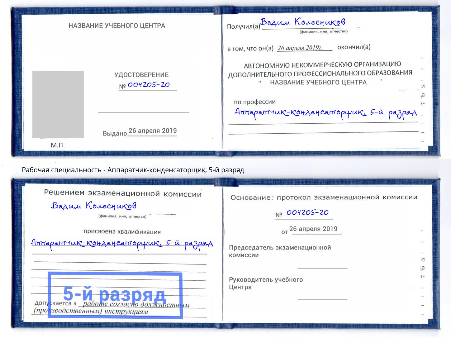 корочка 5-й разряд Аппаратчик-конденсаторщик Снежинск